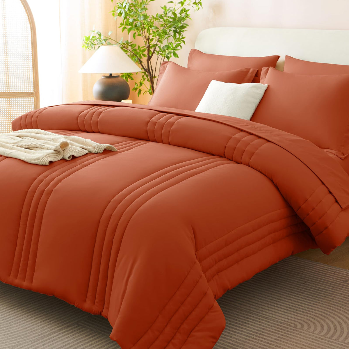 CozyLux Queen Comforter Set Beige - 7 Pieces Vertical Quilted Bed in a Bag