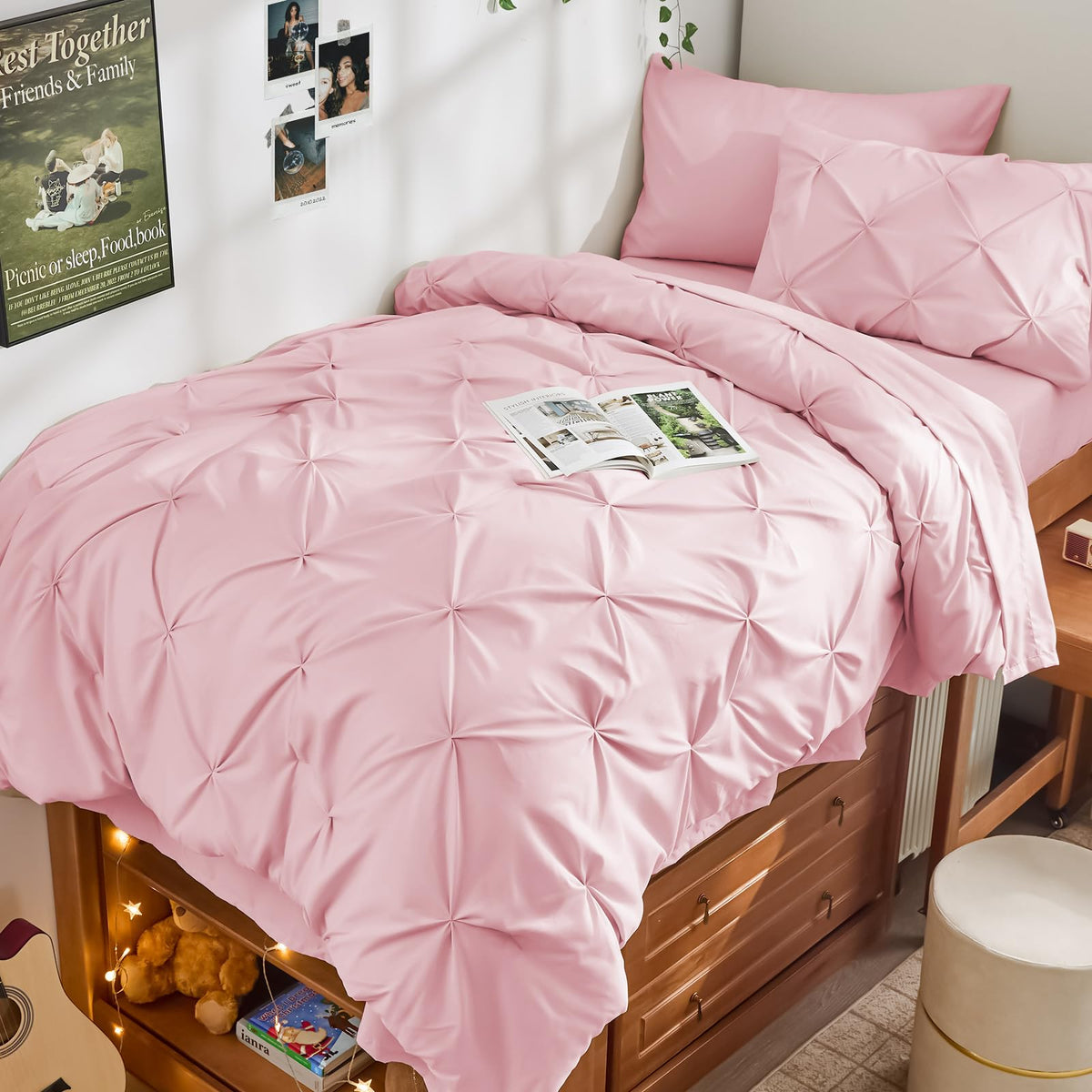 JOLLYVOGUE Queen Comforter Set 7 Pieces - Bed in a Bag Queen for All Season, Pintuck Bedding Comforter Sets with Comforter, Flat Sheet, Fitted Sheet and Pillowcases & Shams, Pink