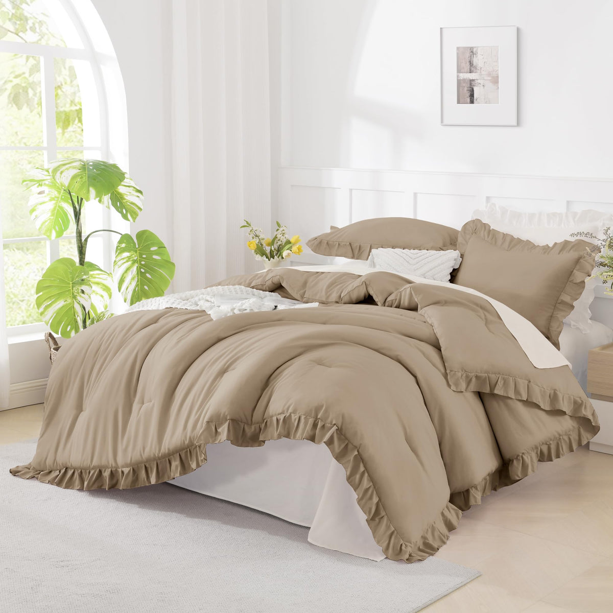 Andency White Comforter Set Queen Size, 3 Pieces Ruffle Farmhouse Bed Set