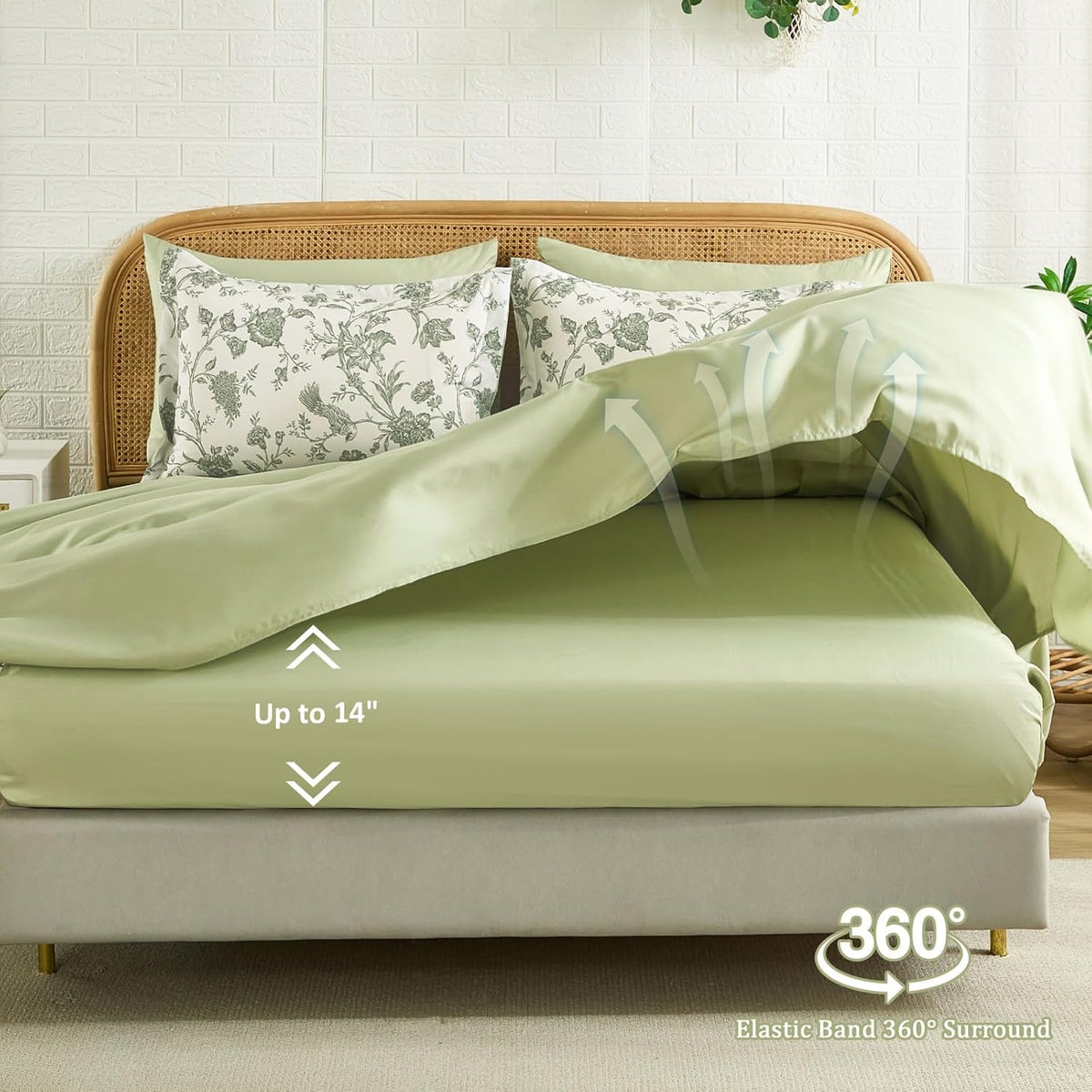 Luxudecor Sage Green Floral Queen Comforter Set, 7 Pieces Bed in a Bag