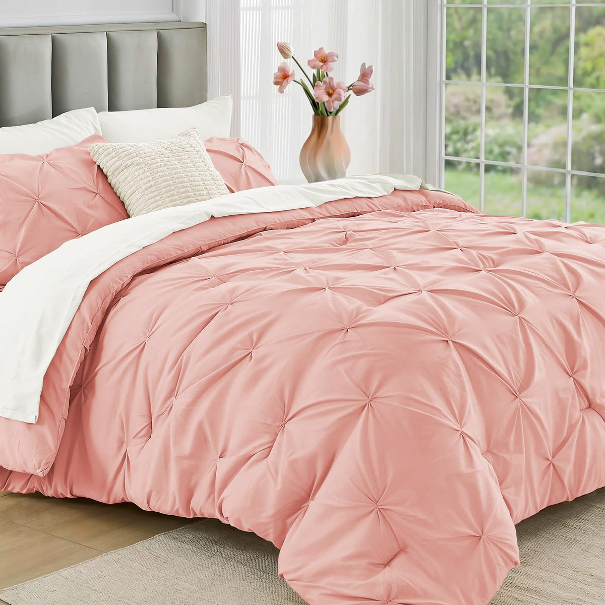 JOLLYVOGUE Queen Comforter Set 7 Pieces - Bed in a Bag Queen for All Season, Pintuck Bedding Comforter Sets with Comforter, Flat Sheet, Fitted Sheet and Pillowcases & Shams, Pink