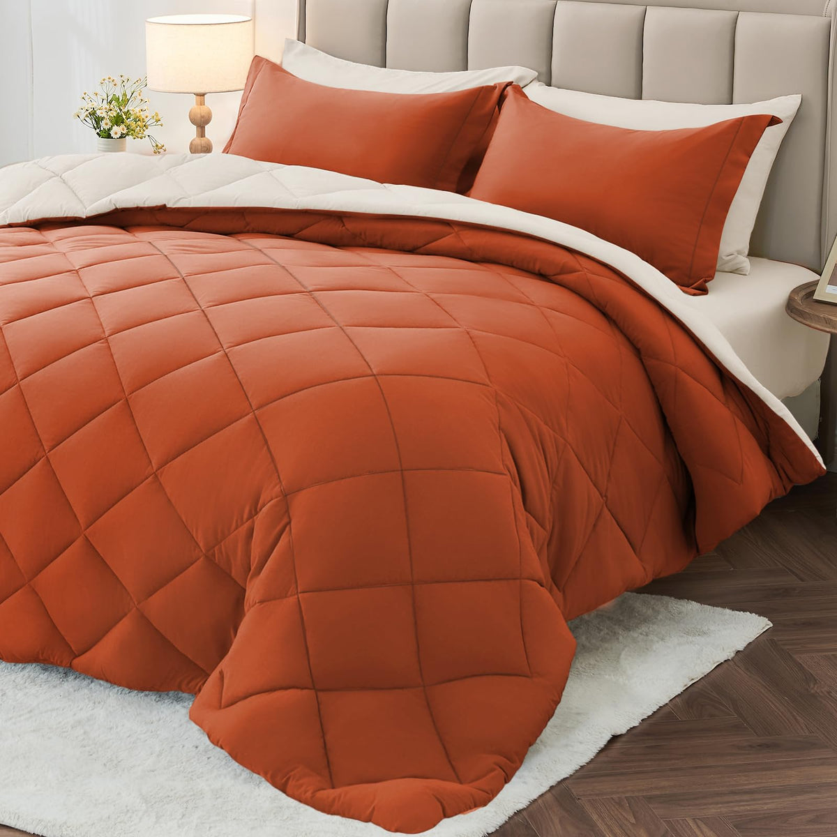 MUXHOMO 7 Pieces Queen Comforter Set, Reversible Bed in a Bag Queen Size, All Season Bedding Set with Comforter, Flat Sheet, Fitted Sheet, Pillowcases & Shams, Red & Black
