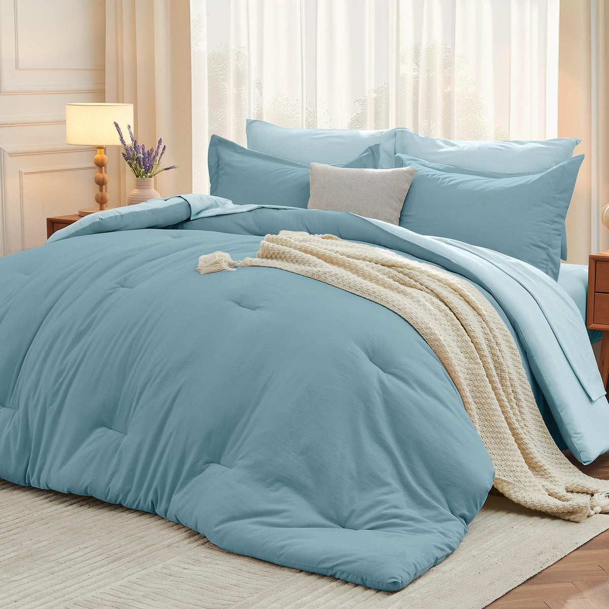 MUXHOMO 7 Pieces California King Comforter Set, Soft Bed in a Bag Cal King Size, All Season Bedding Set with Comforter, Flat Sheet, Fitted Sheet, Pillowcases & Shams, Beige