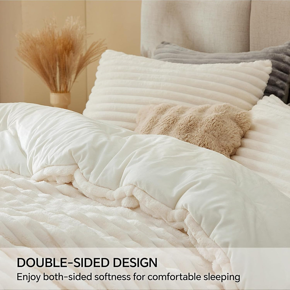 BEDELITE Fleece Queen Comforter Set, Fluffy Bed Set, Cream White