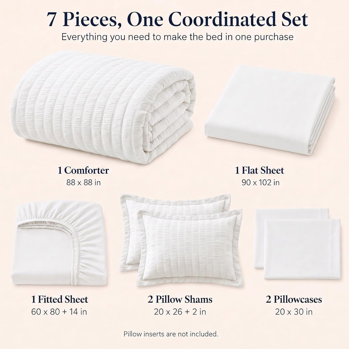 CozyLux Queen Comforter Set, 7 Pieces White Seersucker Bed in a Bag