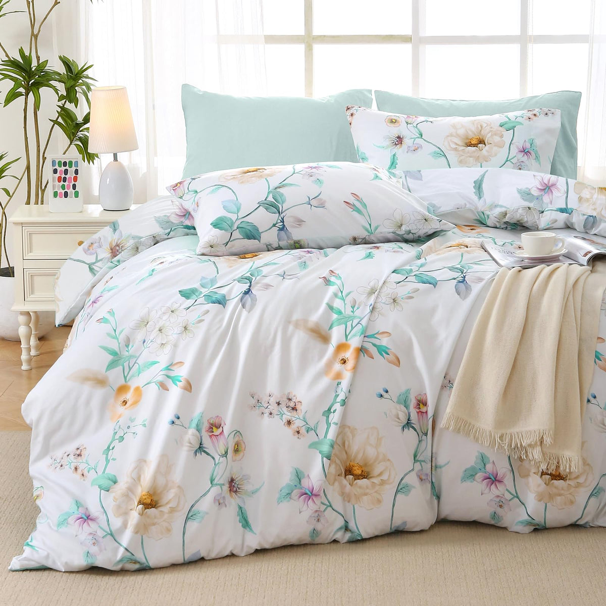 MUXHOMO Queen Comforter Set 7 Pieces, Sage Green Bed in a Bag Queen Reversible Botanical Flowers Design, Ultra Soft & Breathable Bedding Sets with Comforter, Sheets, Pillowcases & Shams