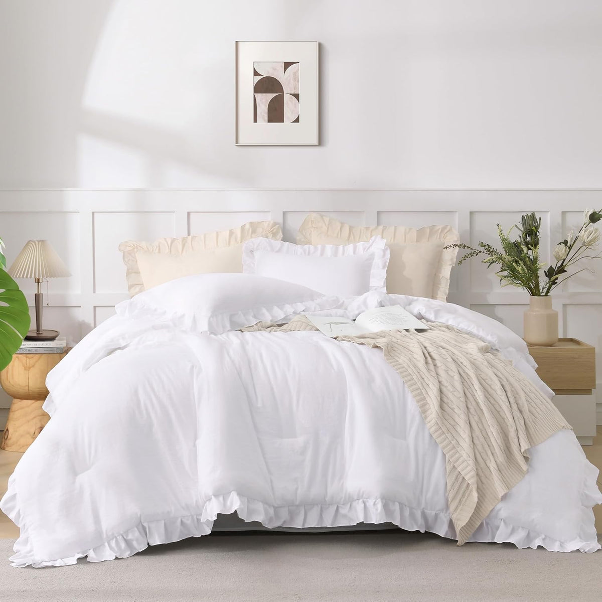 Andency White Comforter Set Queen Size, 3 Pieces Ruffle Farmhouse Bed Set