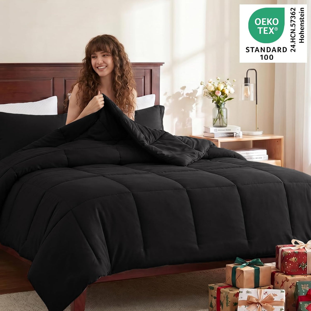 CozyLux Queen Comforter Set, 3-Piece Box-Stitched, Black