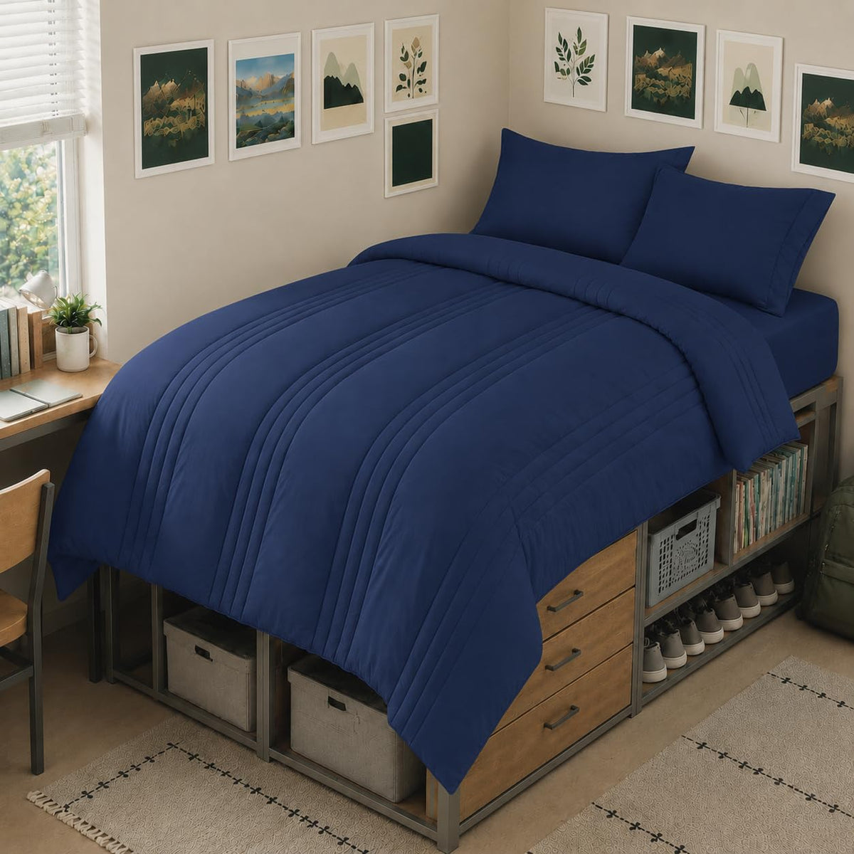 CozyLux Queen Comforter Set Beige - 7 Pieces Vertical Quilted Bed in a Bag