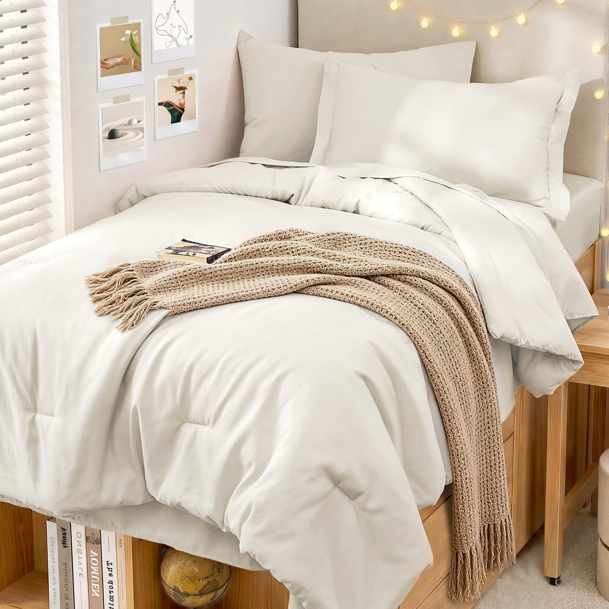 MUXHOMO 7 Pieces Queen Comforter Set, Soft Bed in a Bag Queen Size, All Season Bedding Set with Comforter, Flat Sheet, Fitted Sheet, Pillowcases & Shams, Beige