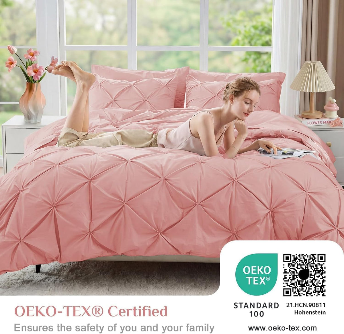 JOLLYVOGUE Queen Comforter Set 7 Pieces - Bed in a Bag Queen for All Season, Pintuck Bedding Comforter Sets with Comforter, Flat Sheet, Fitted Sheet and Pillowcases & Shams, Pink