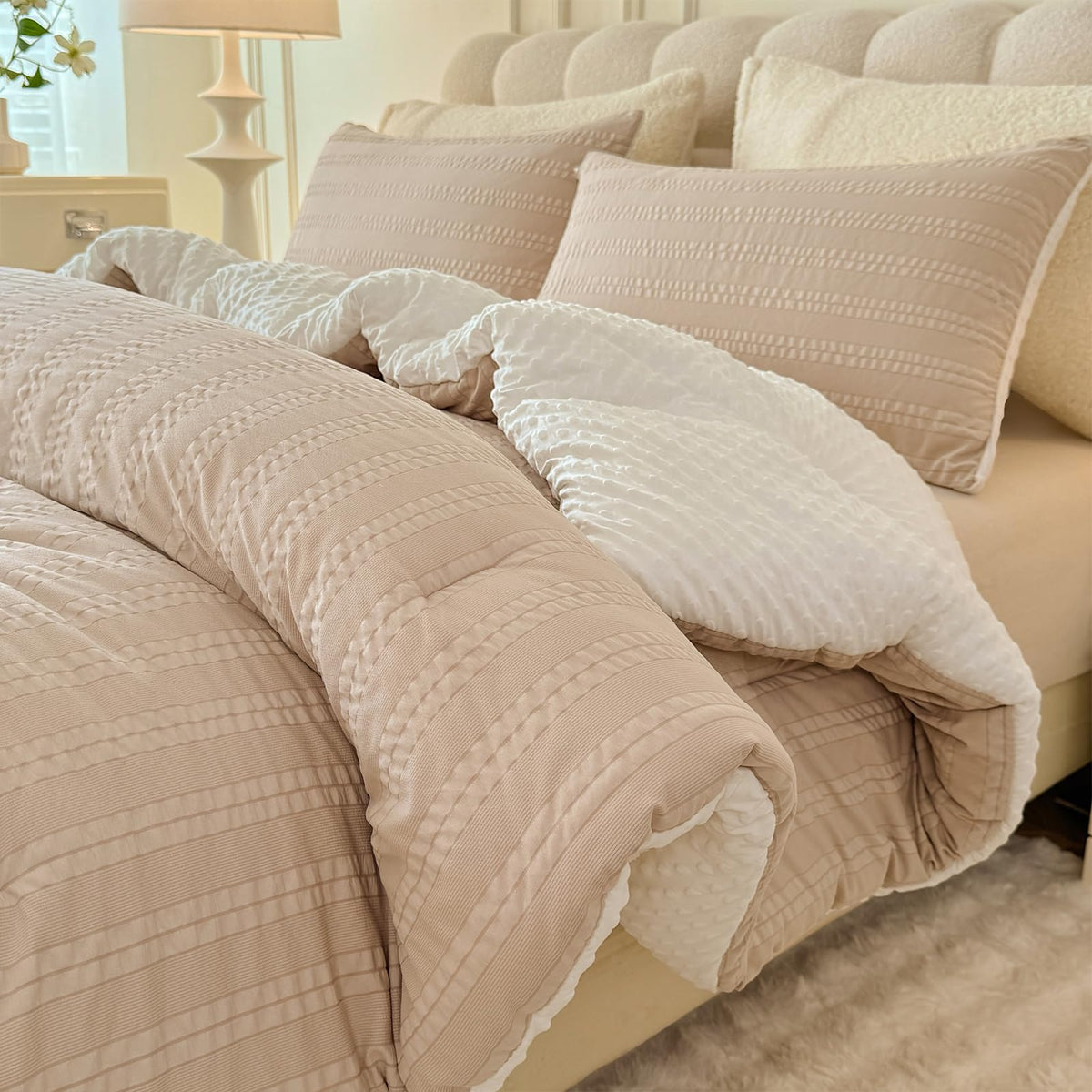 tohrisa Boho Comforter Set Full Size Striped Pleats Bohemian Seersucker Bedding Set All Season Soft Cozy 3 Pieces Quilt with 2 Pillowcases(80"X90" Light Blue)