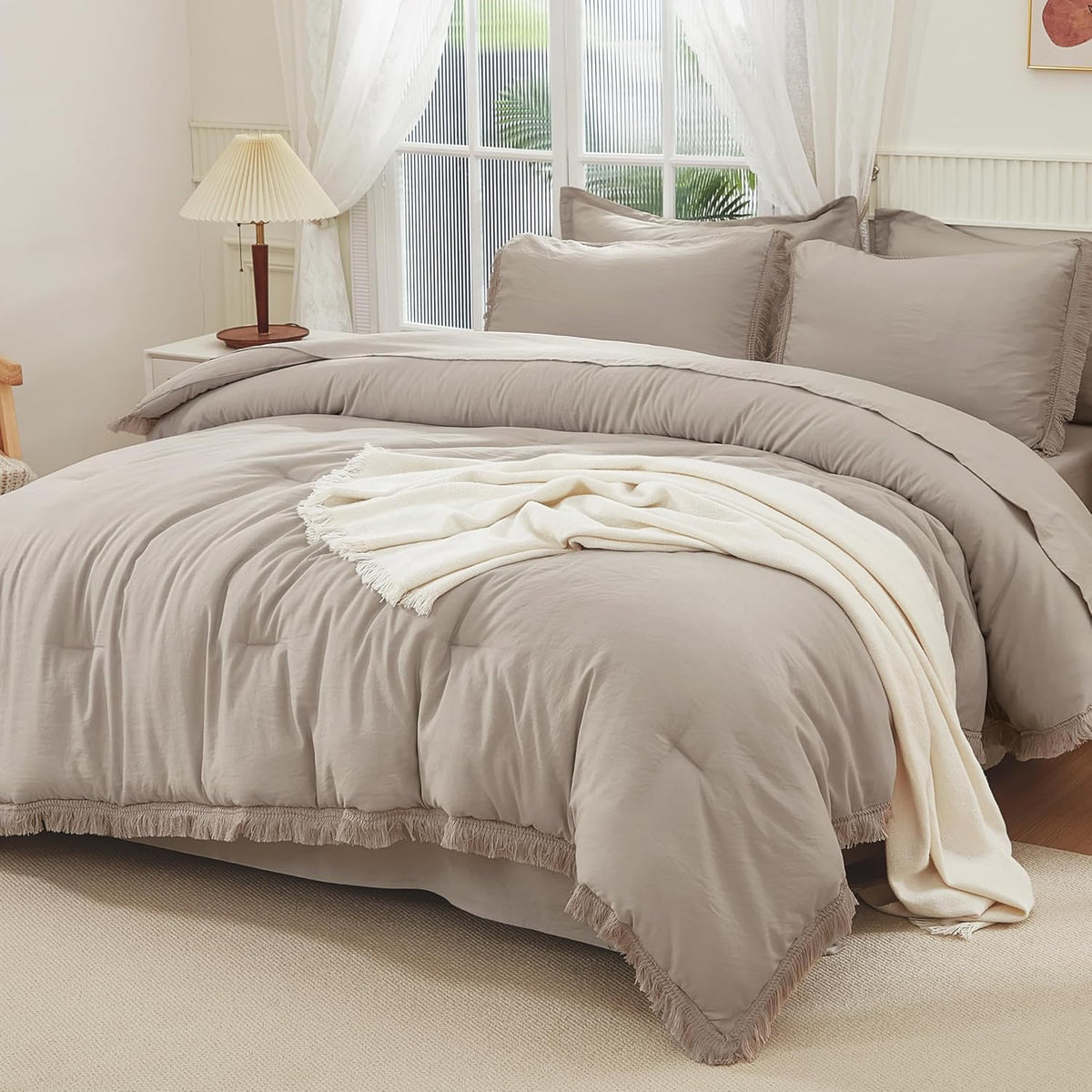 Andency King Comforter Set, 7 Pieces Beige Bedding