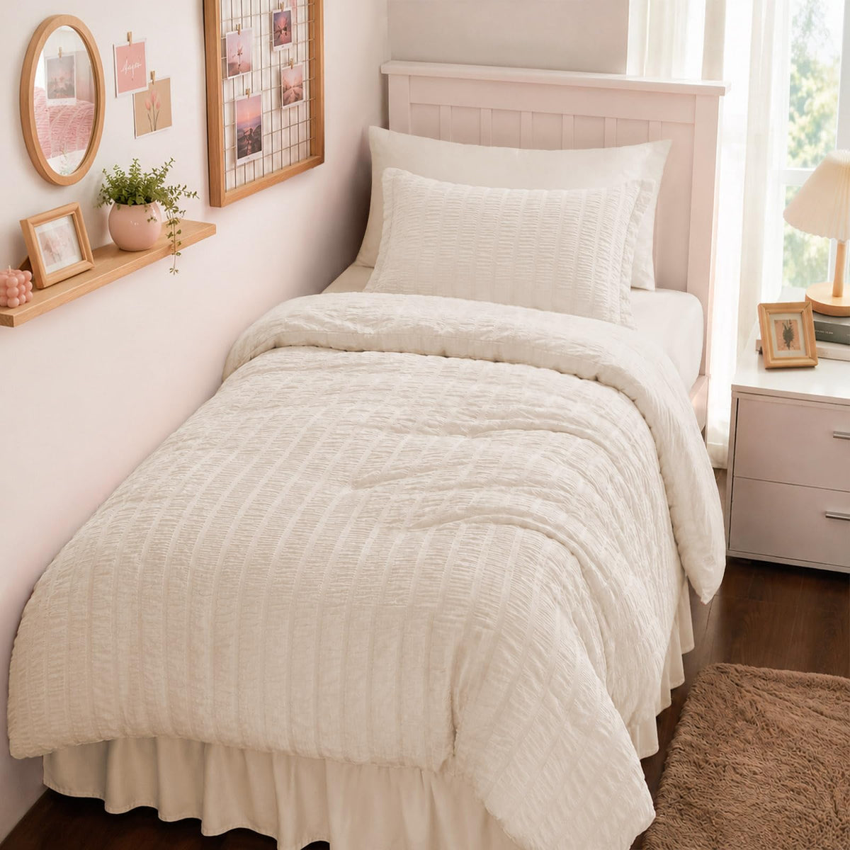 FUANNA Queen Comforter Set 7 Pieces, Pink Bed Set, Seersucker Bed in a Bag
