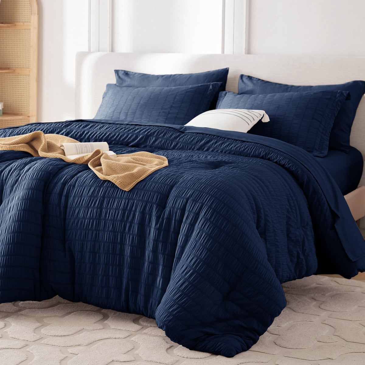 MUXHOMO 7 Pieces Queen Comforter Set, Seersucker Bed in a Bag Queen Size, All Season Luxury Bedding Set with Comforter, Flat Sheet, Fitted Sheet, Pillowcases & Shams, Beige