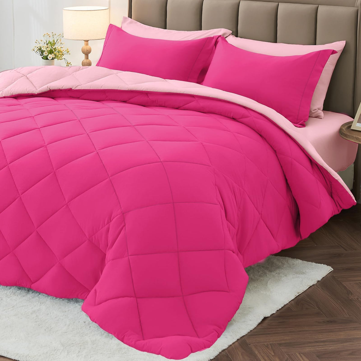 MUXHOMO 7 Pieces Queen Comforter Set, Reversible Bed in a Bag Queen Size, All Season Bedding Set with Comforter, Flat Sheet, Fitted Sheet, Pillowcases & Shams, Red & Black