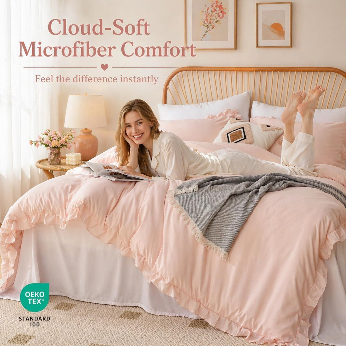 JANZAA Blush Pink Comforter Set Queen, Ruffle Soft Bedding