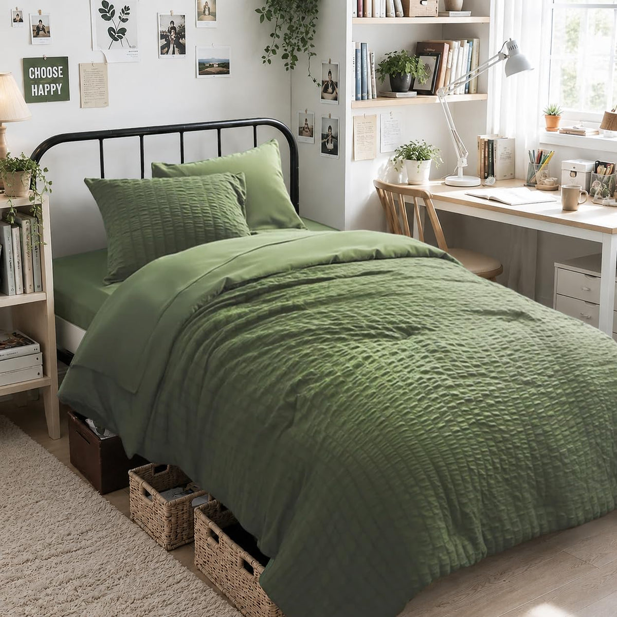 Twin Comforter Set 5 Piece, Olive Green Bed in a Bag Twin Size Bedding Sets