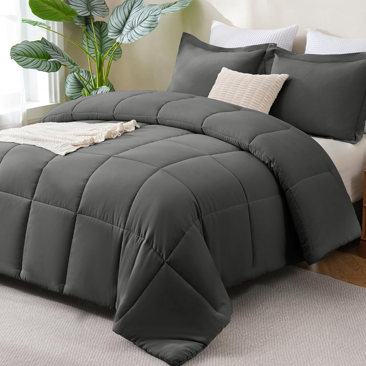 CozyLux Queen Comforter Set, 3-Piece Box-Stitched, Black