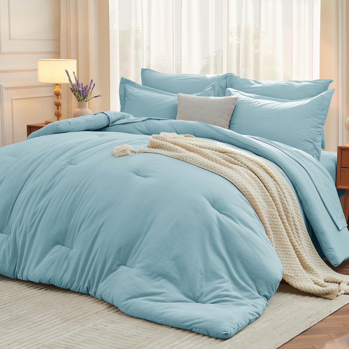 MUXHOMO 7 Pieces California King Comforter Set, Soft Bed in a Bag Cal King Size, All Season Bedding Set with Comforter, Flat Sheet, Fitted Sheet, Pillowcases & Shams, Beige