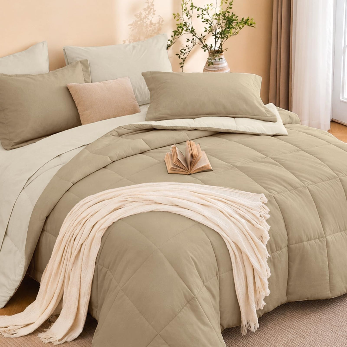 MUXHOMO Queen Comforter Set with Sheets Brown - 7 Pieces Bed in a Bag