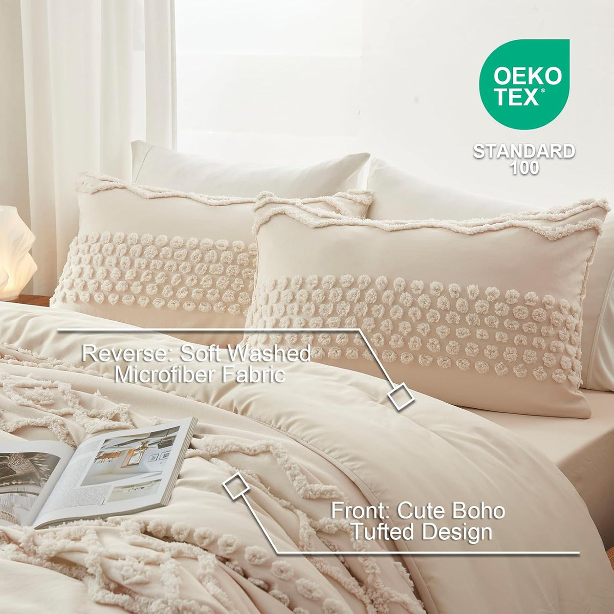 Luxudecor Beige Tufted Comforter Set, 3 Pieces Queen Size Boho Bedding Set