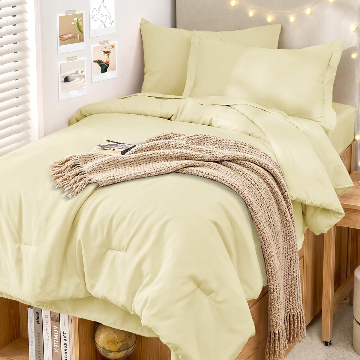 MUXHOMO 7 Pieces California King Comforter Set, Soft Bed in a Bag Cal King Size, All Season Bedding Set with Comforter, Flat Sheet, Fitted Sheet, Pillowcases & Shams, Beige