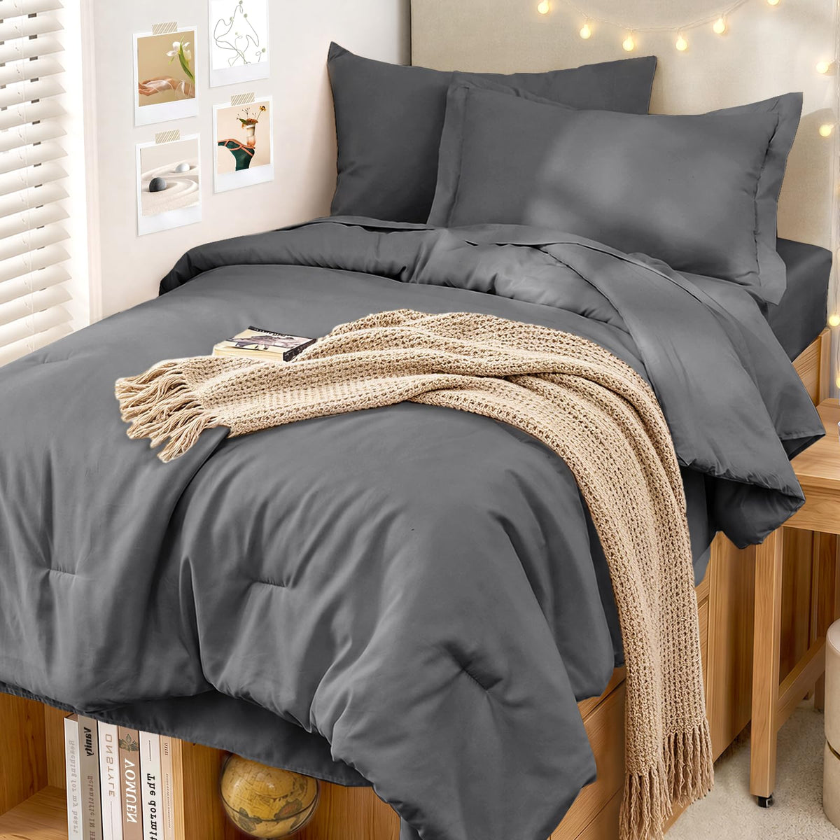 MUXHOMO 7 Pieces Queen Comforter Set, Soft Bed in a Bag Queen Size, All Season Bedding Set with Comforter, Flat Sheet, Fitted Sheet, Pillowcases & Shams, Beige
