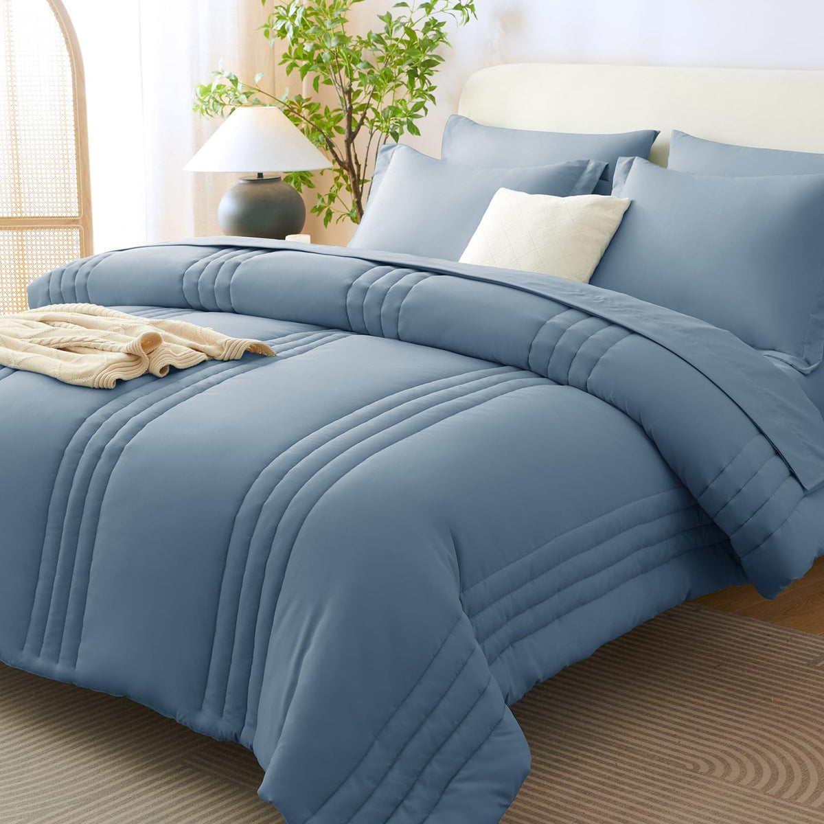 CozyLux Queen Comforter Set Beige - 7 Pieces Vertical Quilted Bed in a Bag