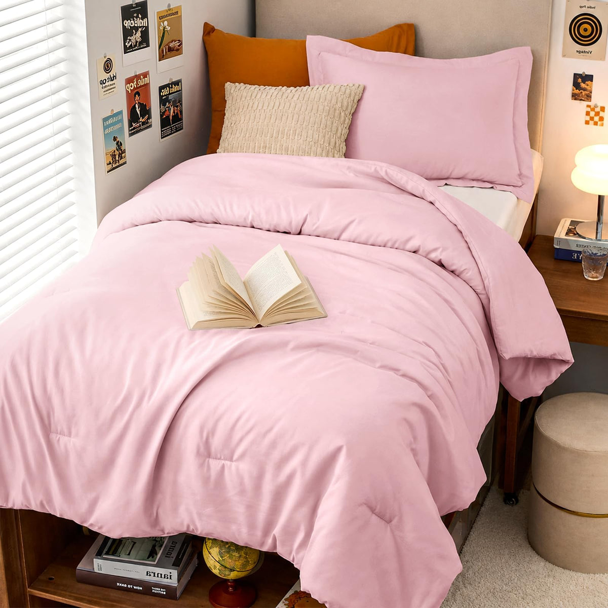 MUXHOMO Queen Size Comforter Set Beige, 3 Piece Solid Bedding for All Seasons, Warm Down Alternative Bed Set Includes 1 Lightweight Comforter (90"x90") and 2 Pillowshams (20"x26")