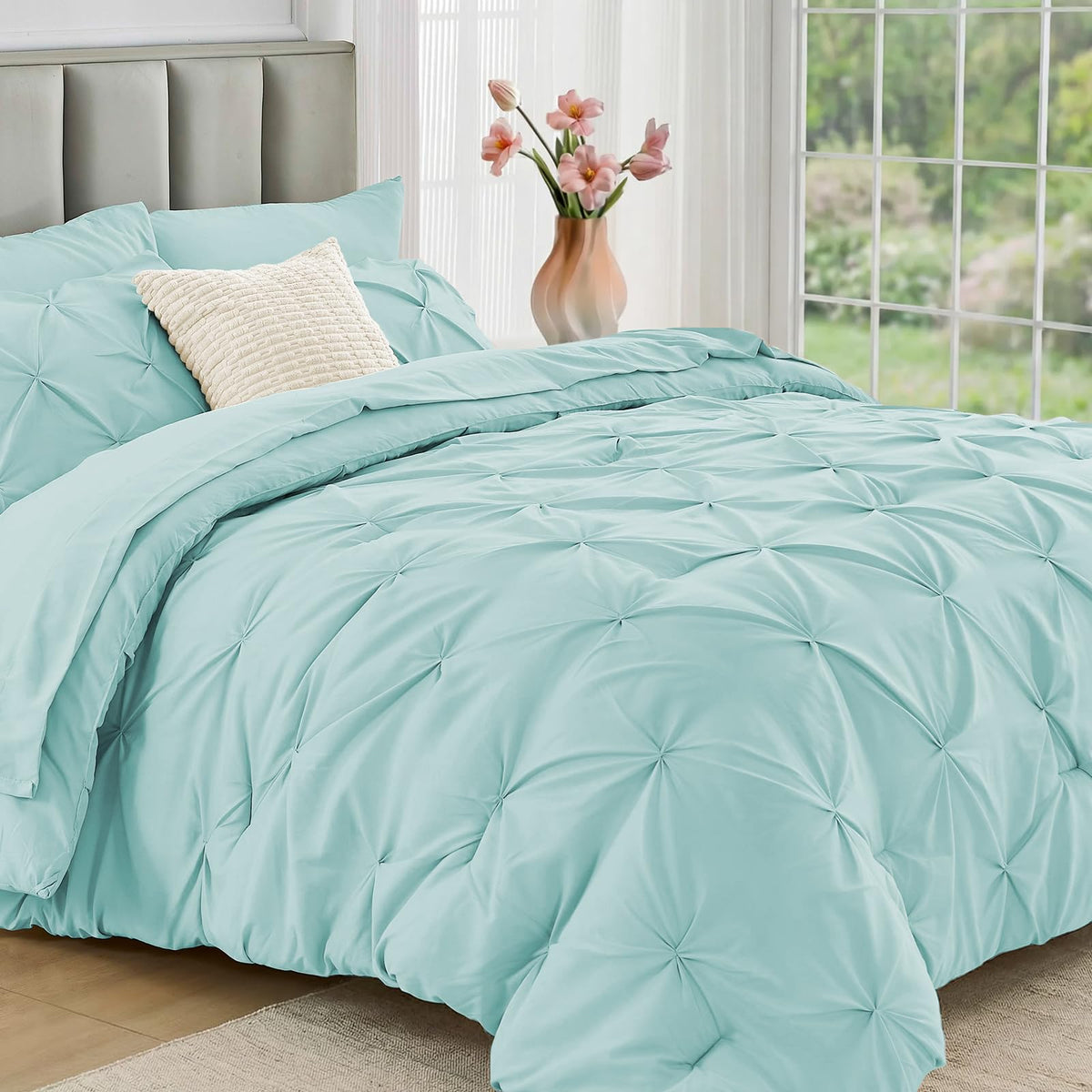 JOLLYVOGUE Queen Comforter Set 7 Pieces - Bed in a Bag Queen for All Season, Pintuck Bedding Comforter Sets with Comforter, Flat Sheet, Fitted Sheet and Pillowcases & Shams, Pink