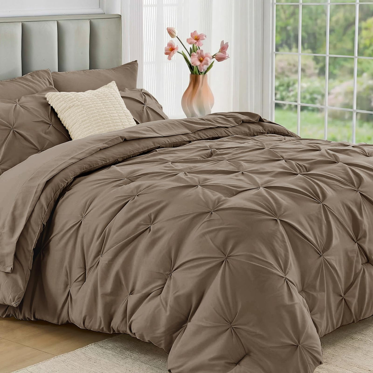 JOLLYVOGUE Queen Comforter Set 7 Pieces - Bed in a Bag Queen for All Season, Pintuck Bedding Comforter Sets with Comforter, Flat Sheet, Fitted Sheet and Pillowcases & Shams, Pink