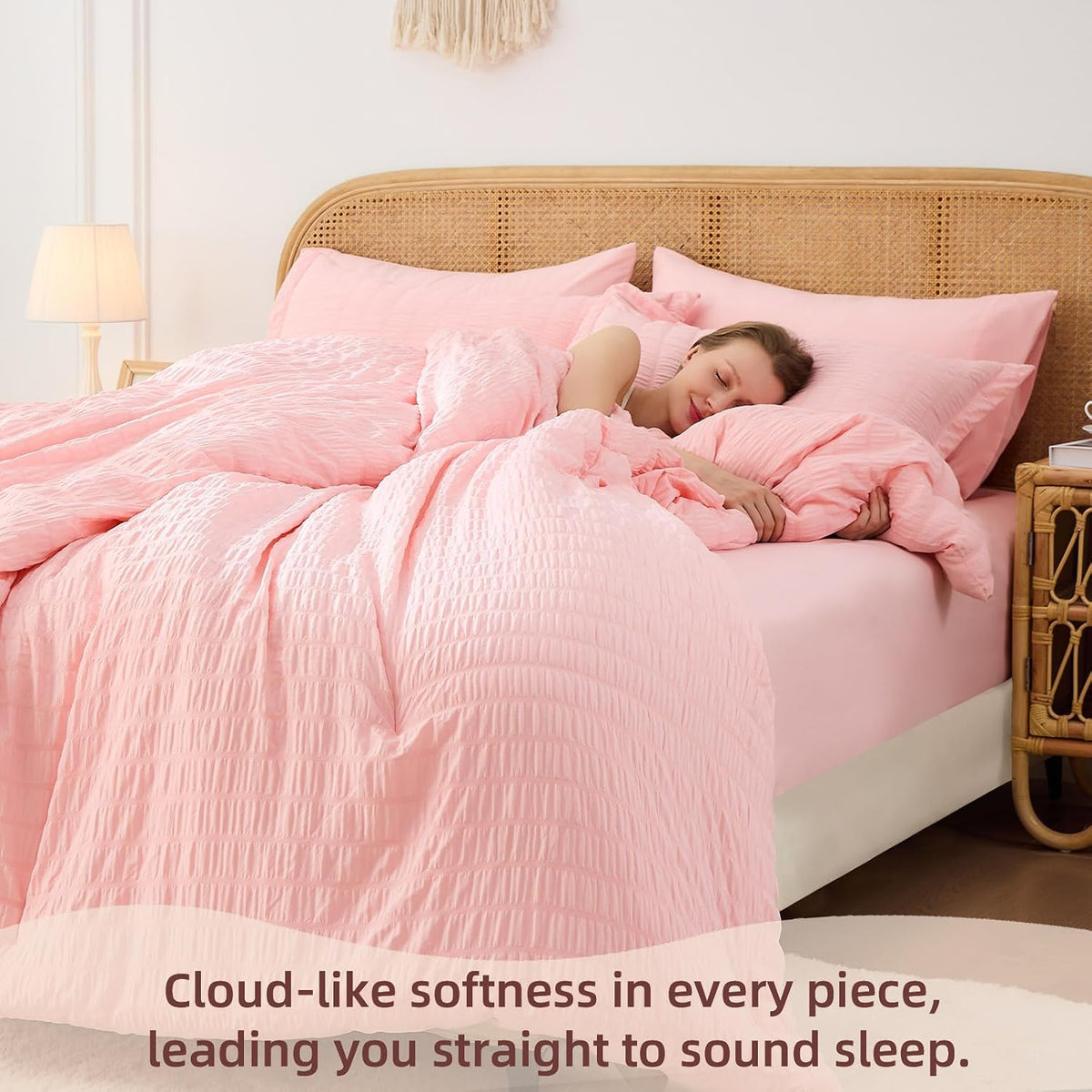 FUANNA Queen Comforter Set 7 Pieces, Pink Bed Set, Seersucker Bed in a Bag