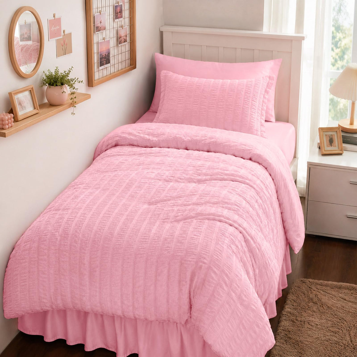 FUANNA Queen Comforter Set 7 Pieces, Pink Bed Set, Seersucker Bed in a Bag