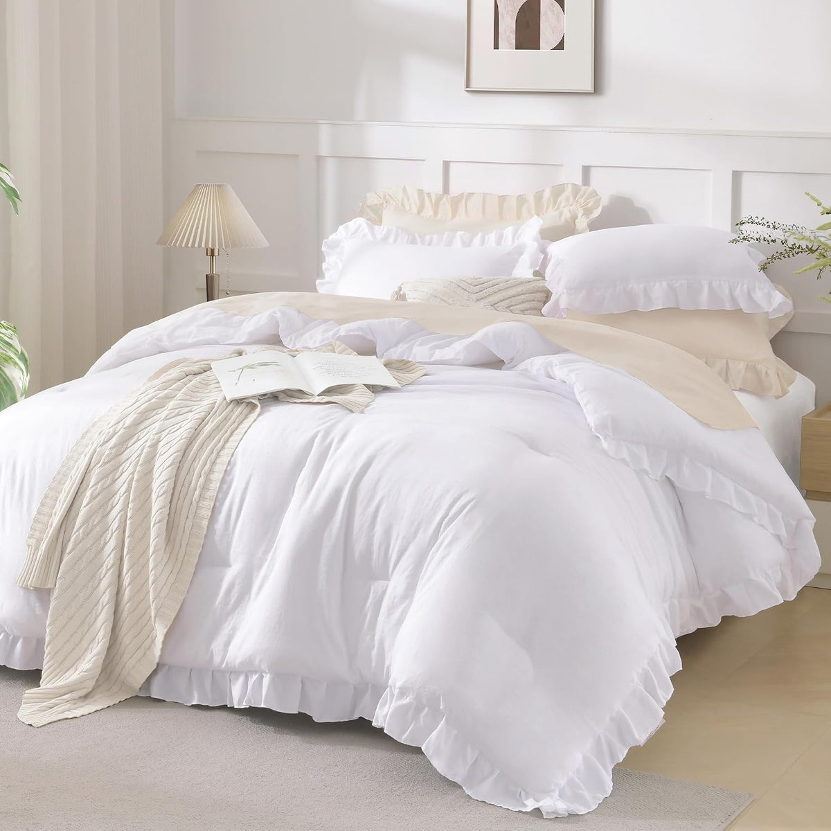 Andency White Comforter Set Queen Size, 3 Pieces Ruffle Farmhouse Bed Set