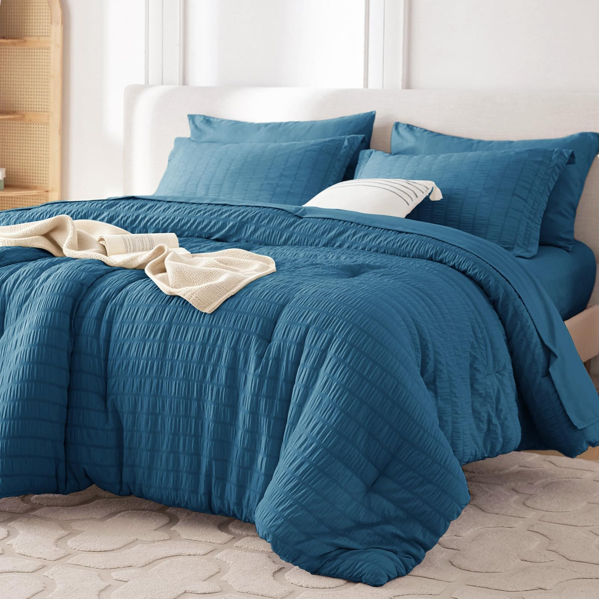 MUXHOMO 7 Pieces Queen Comforter Set, Seersucker Bed in a Bag Queen Size, All Season Luxury Bedding Set with Comforter, Flat Sheet, Fitted Sheet, Pillowcases & Shams, Beige