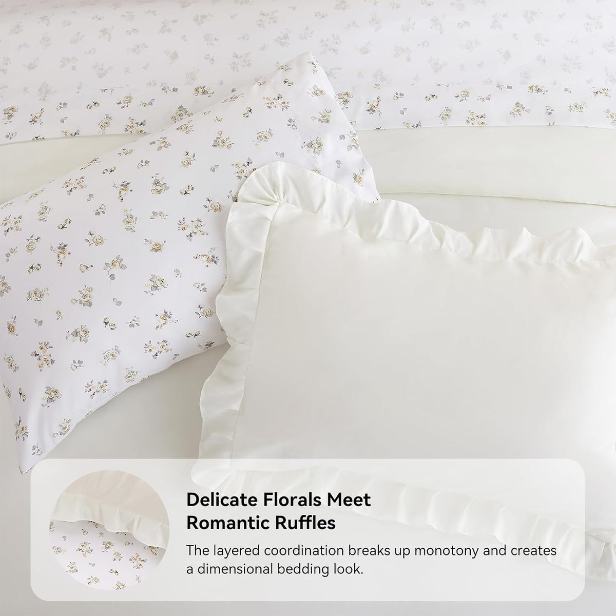 JANZAA Ruffle Queen Comforter Set with Floral Sheets 7 Pieces Cream White