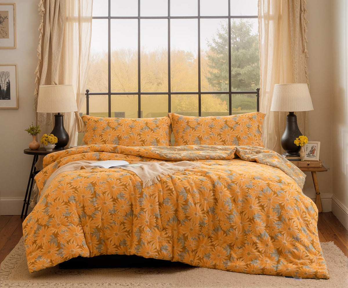 SLEEPBELLA Comforter Queen Size, 600 Thread Count Cotton Brown Branches and Blue Flowers Off-White Comforter Sets, Down Alternative Bedding Set 3Pcs(Queen, Off-White Botanical)