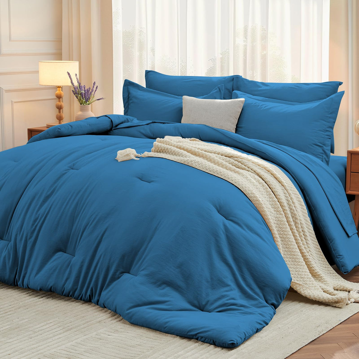 MUXHOMO 7 Pieces California King Comforter Set, Soft Bed in a Bag Cal King Size, All Season Bedding Set with Comforter, Flat Sheet, Fitted Sheet, Pillowcases & Shams, Beige
