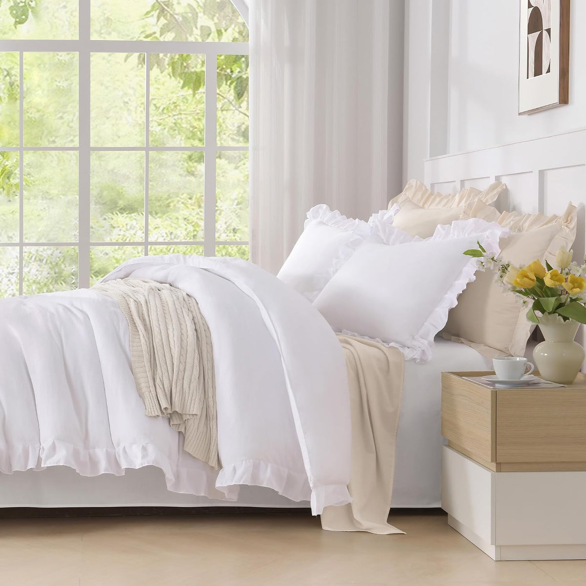 Andency White Comforter Set Queen Size, 3 Pieces Ruffle Farmhouse Bed Set