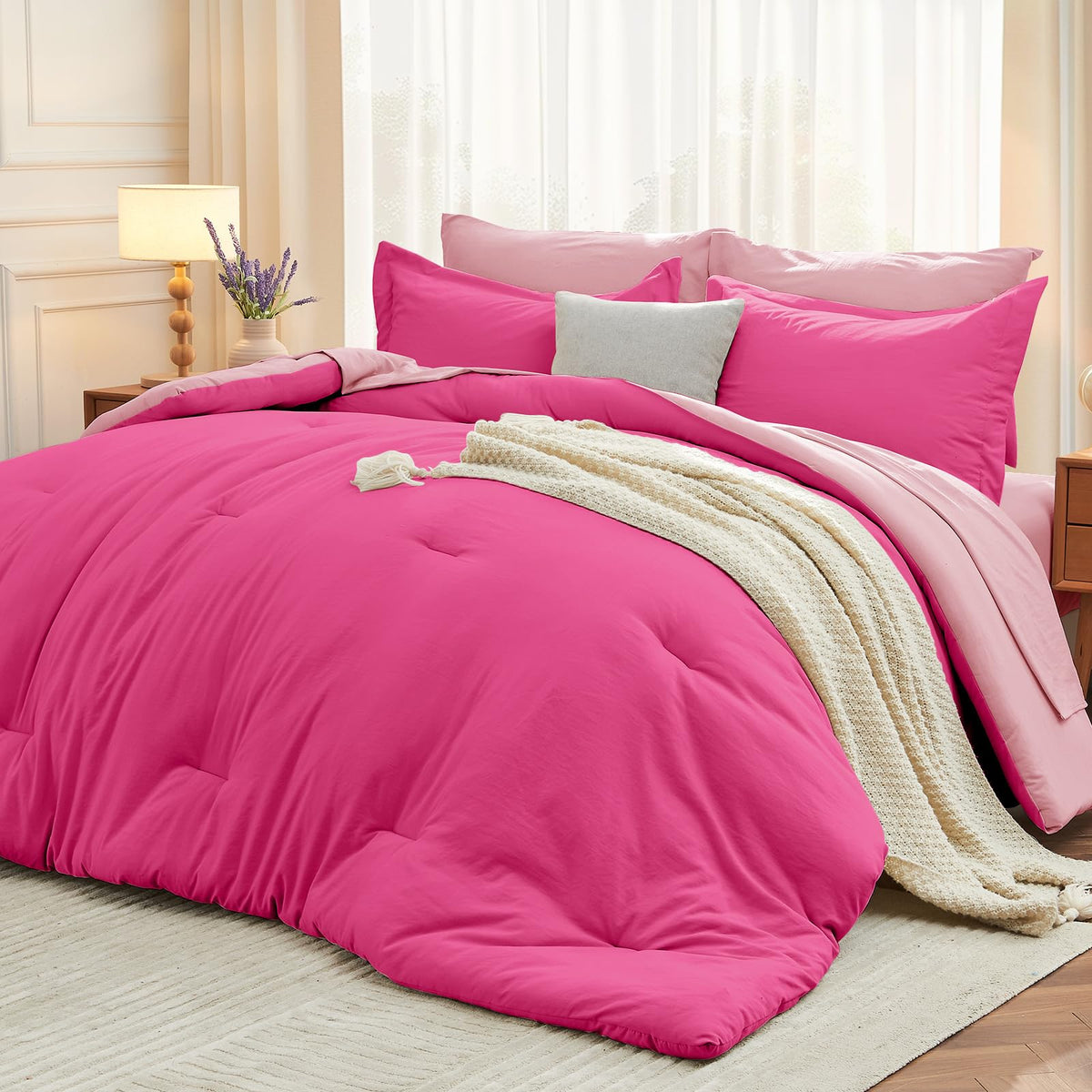 MUXHOMO 7 Pieces California King Comforter Set, Soft Bed in a Bag Cal King Size, All Season Bedding Set with Comforter, Flat Sheet, Fitted Sheet, Pillowcases & Shams, Beige