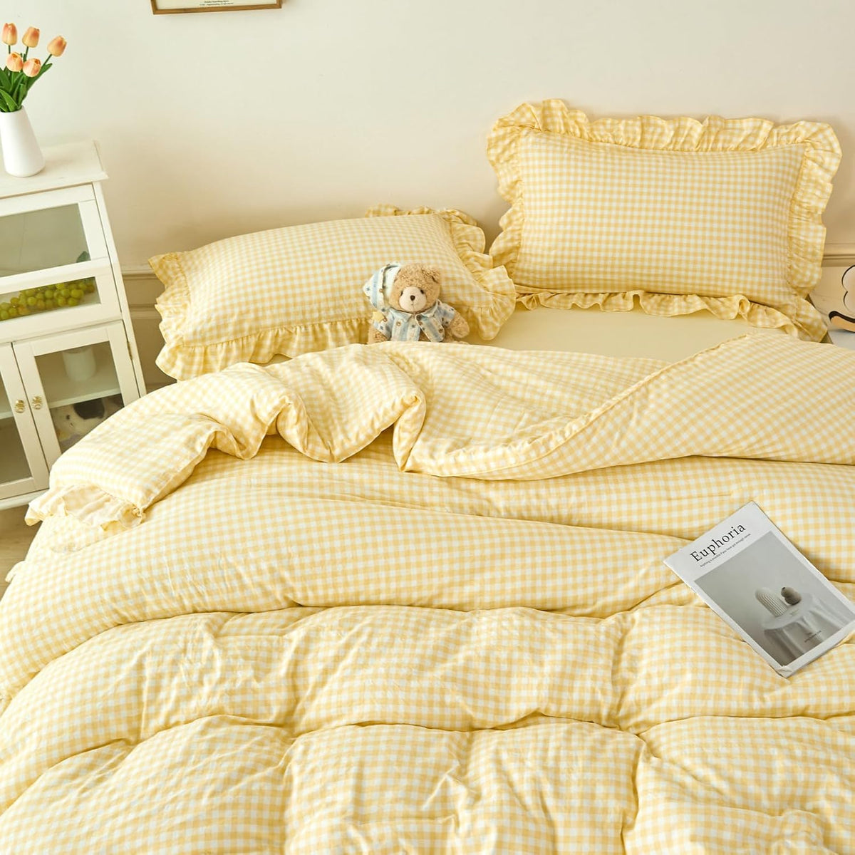 RYNGHIPY Yellow Gingham Comforter Set 5 Pcs Plaid Ruffle Full Bed in a Bag