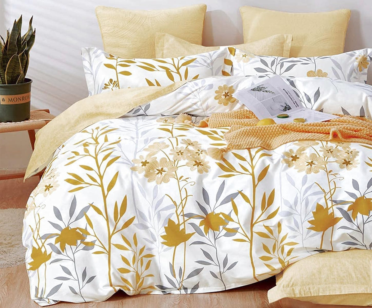 SLEEPBELLA Comforter Queen Size, 600 Thread Count Cotton Brown Branches and Blue Flowers Off-White Comforter Sets, Down Alternative Bedding Set 3Pcs(Queen, Off-White Botanical)