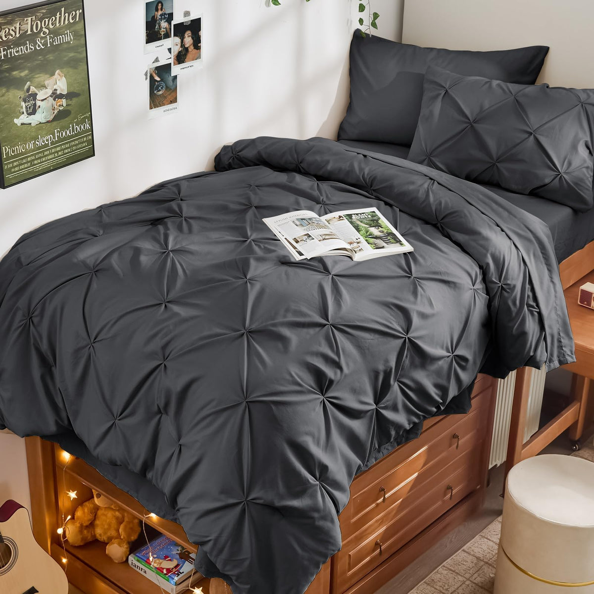JOLLYVOGUE Queen Comforter Set 7 Pieces - Bed in a Bag Queen for All Season, Pintuck Bedding Comforter Sets with Comforter, Flat Sheet, Fitted Sheet and Pillowcases & Shams, Pink