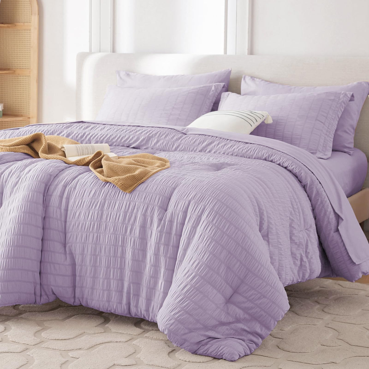 MUXHOMO 7 Pieces Queen Comforter Set, Seersucker Bed in a Bag Queen Size, All Season Luxury Bedding Set with Comforter, Flat Sheet, Fitted Sheet, Pillowcases & Shams, Beige