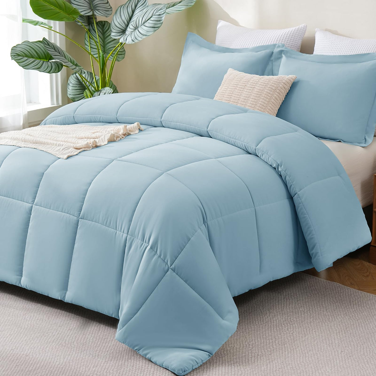 CozyLux Queen Comforter Set, 3-Piece Box-Stitched, Black