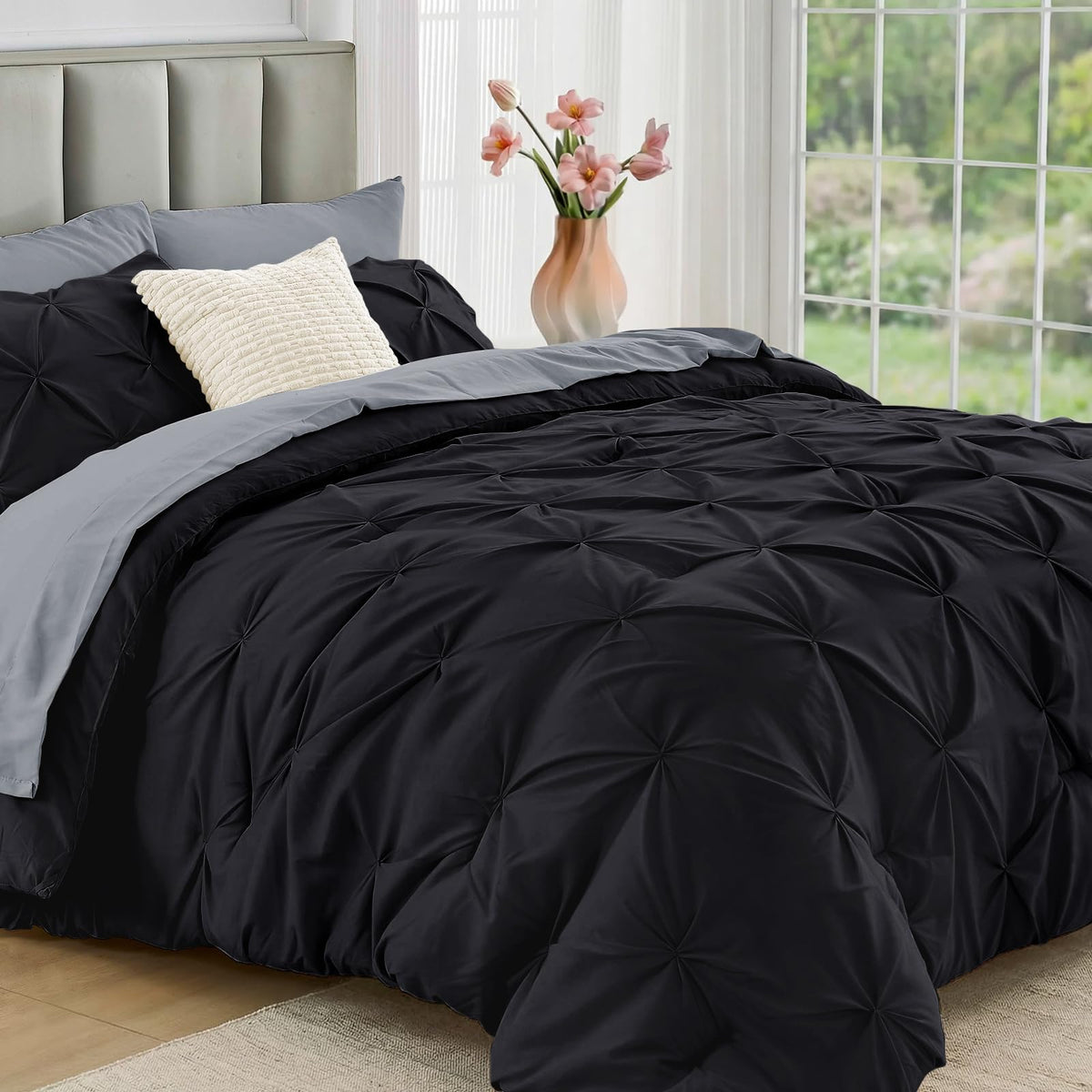JOLLYVOGUE Queen Comforter Set 7 Pieces - Bed in a Bag Queen for All Season, Pintuck Bedding Comforter Sets with Comforter, Flat Sheet, Fitted Sheet and Pillowcases & Shams, Pink