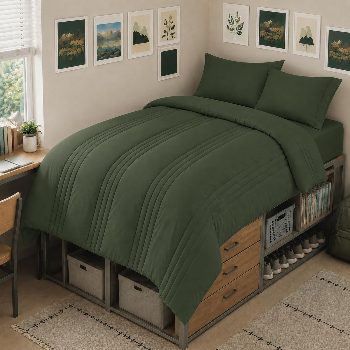 CozyLux Queen Comforter Set Beige - 7 Pieces Vertical Quilted Bed in a Bag