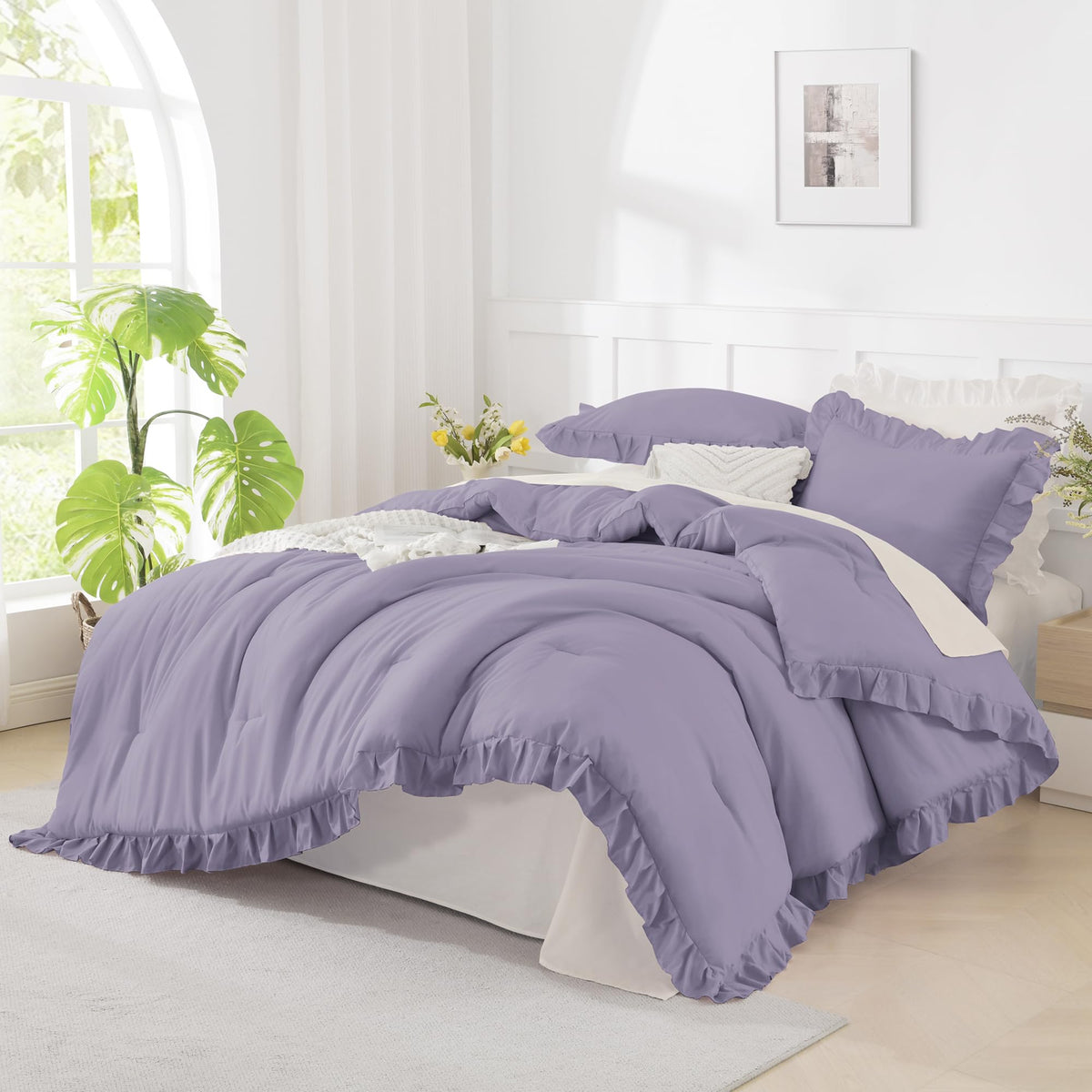 Andency White Comforter Set Queen Size, 3 Pieces Ruffle Farmhouse Bed Set