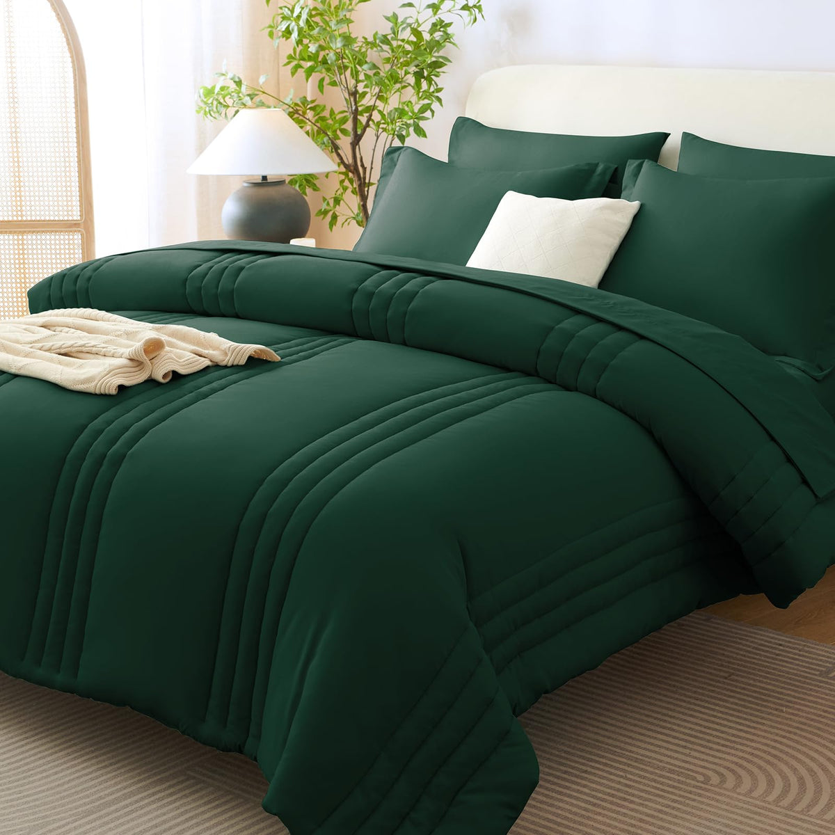 CozyLux Queen Comforter Set Beige - 7 Pieces Vertical Quilted Bed in a Bag